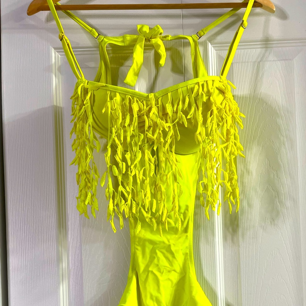 💛Size XL Fringe style yellow swimsuit bodysuit Neon yellow Green Monokini 1pc